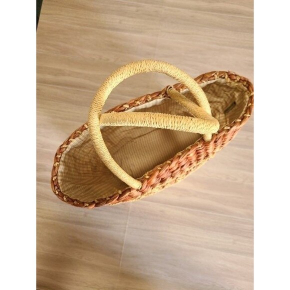 Handcrafted Woven Basket Vietnam Oval Gingham Lined Natural Fiber Storage Tote - Picture 2 of 8